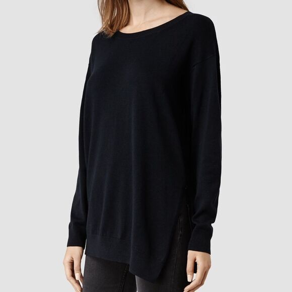 All Saints Kimba Jumper Pullover Sweater Navy Blue Silk Cotton Small Side Slits - Picture 1 of 8